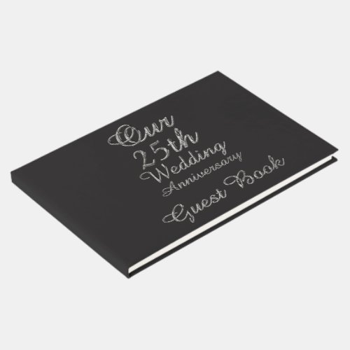 25th Wedding Anniversary Black Silver Typography Guest Book