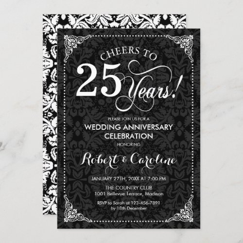 25th Wedding Anniversary _ Black White Damask Invitation