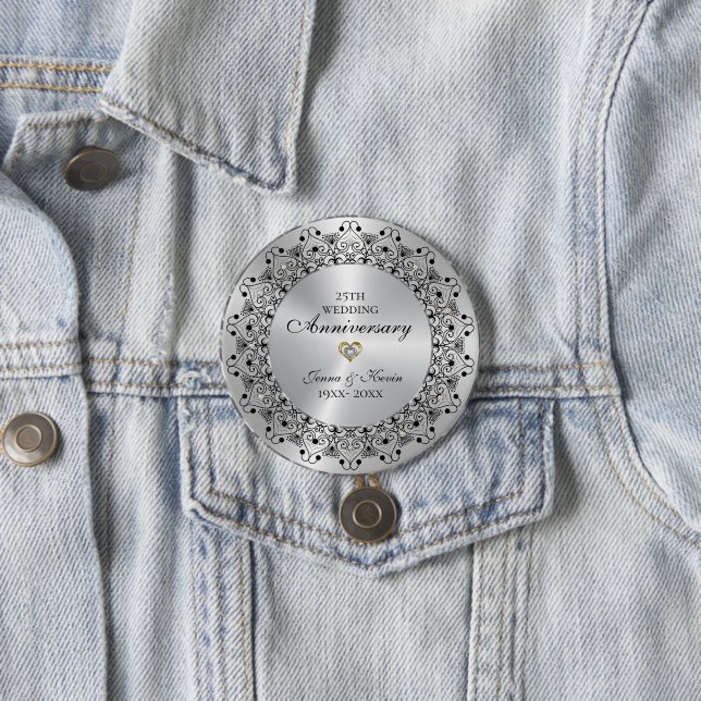 25th Wedding Anniversary BlackMandala On Silver Button (In Situ)