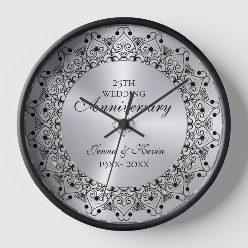 25th Wedding Anniversary BlackMandala On Silver Clock