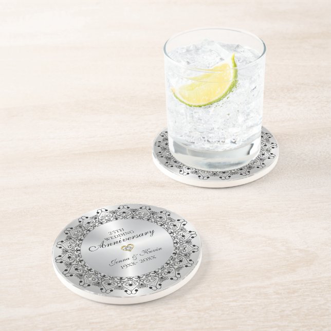 25th Wedding Anniversary BlackMandala On Silver Coaster (Side)