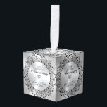 25th Wedding Anniversary BlackMandala On Silver Cube Ornament<br><div class="desc">Commemorate your 25th wedding anniversary with this elegant design—a black ornate mandala on an Image of metallic silver texture—customizable text in black inside a shiny gold circle.</div>