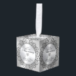 25th Wedding Anniversary BlackMandala On Silver Cube Ornament<br><div class="desc">Commemorate your 25th wedding anniversary with this elegant design—a black ornate mandala on an Image of metallic silver texture—customizable text in black inside a shiny gold circle.</div>