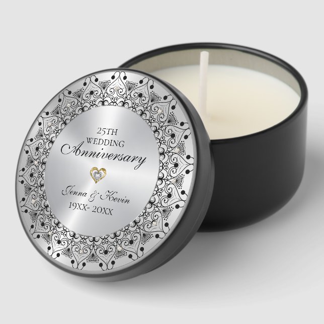 25th Wedding Anniversary BlackMandala On Silver Mini Candle Favors (Corner)