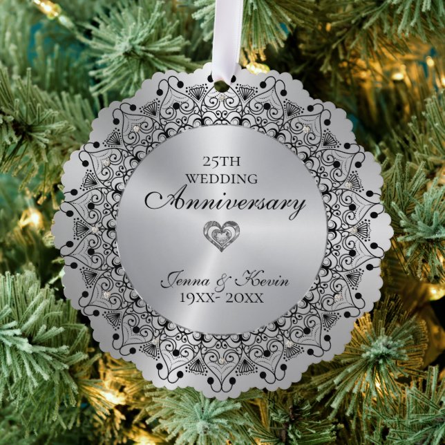 25th Wedding Anniversary BlackMandala On Silver Ornament Card (Insitu (Tree))
