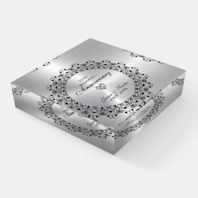 25th Wedding Anniversary BlackMandala On Silver Paperweight (Angled)