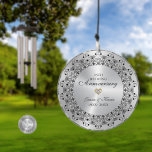 25th Wedding Anniversary BlackMandala On Silver Wind Chime<br><div class="desc">Commemorate your 25th wedding anniversary with this elegant design: a black ornate mandala on an Image with a metallic silver texture.
They are embellished with white diamonds for every hour—customizable text in black inside a shiny silver circle.</div>