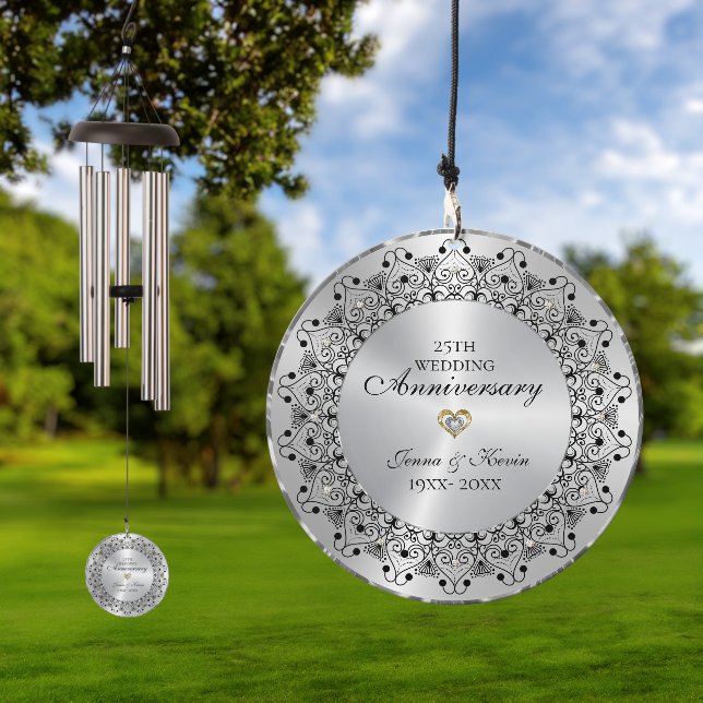 25th Wedding Anniversary BlackMandala On Silver Wind Chime (Outdoor)