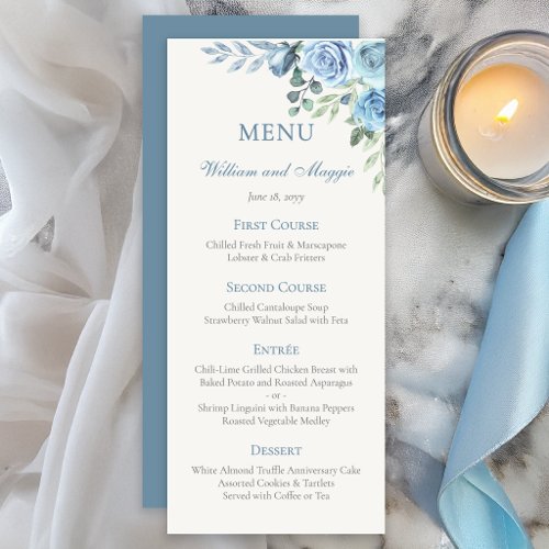 25th Wedding Anniversary Blue Floral Elegant Menu