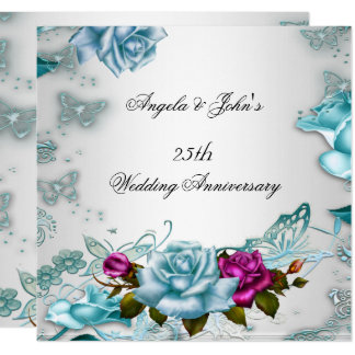 25th Wedding Anniversary Blue Floral Pink Card