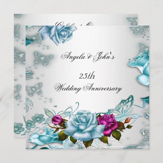 25th Wedding Anniversary Blue Floral Pink Invitation (Front/Back)