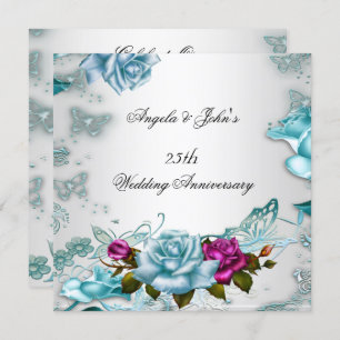 25th Wedding Anniversary Blue Floral Pink Invitation