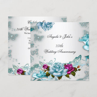25th Wedding Anniversary Blue Floral Pink Invitation