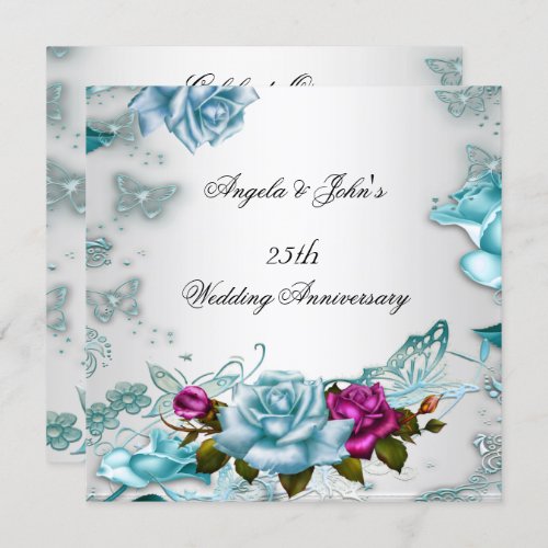 25th Wedding Anniversary Blue Floral Pink Invitation