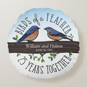 25th Wedding Anniversary, Bluebirds of a Feather Round Pillow