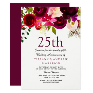 25th Wedding Anniversary Burgundy Flowers Invite