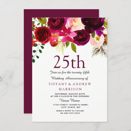 25th Wedding Anniversary Burgundy Flowers Invite