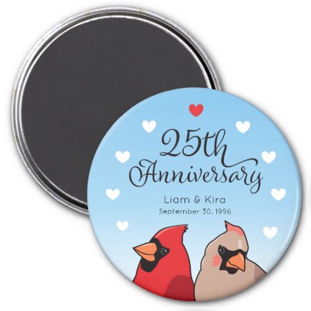 25th Wedding Anniversary, Cardinal Bird And Hearts Magnet