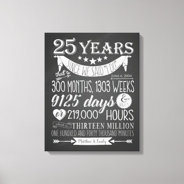 25th wedding anniversary, chalkboard, 25 years canvas print (Front)