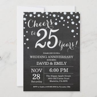 25th Wedding Anniversary Chalkboard Black Silver Invitation | Zazzle