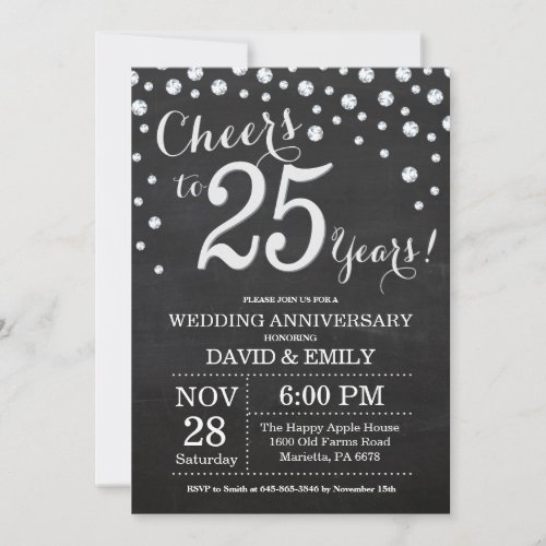 25th Wedding Anniversary Chalkboard Black Silver Invitation