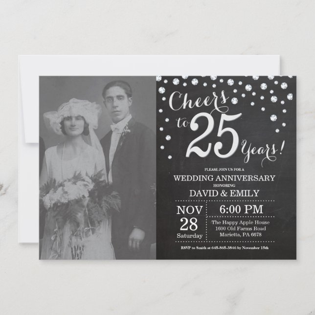 25th Wedding Anniversary Chalkboard Black Silver Invitation (Front)