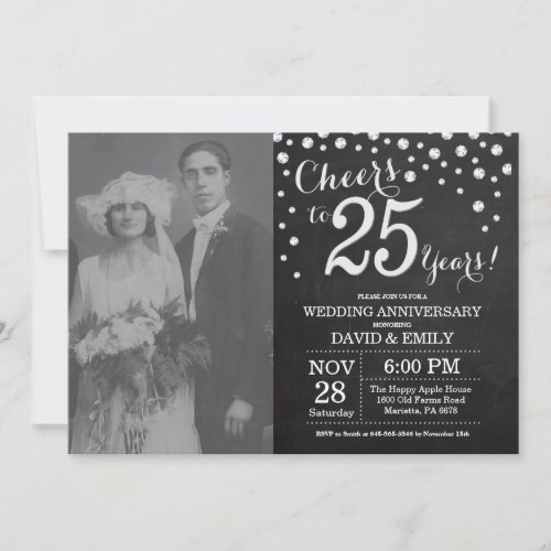 25th Wedding Anniversary Chalkboard Black Silver Invitation