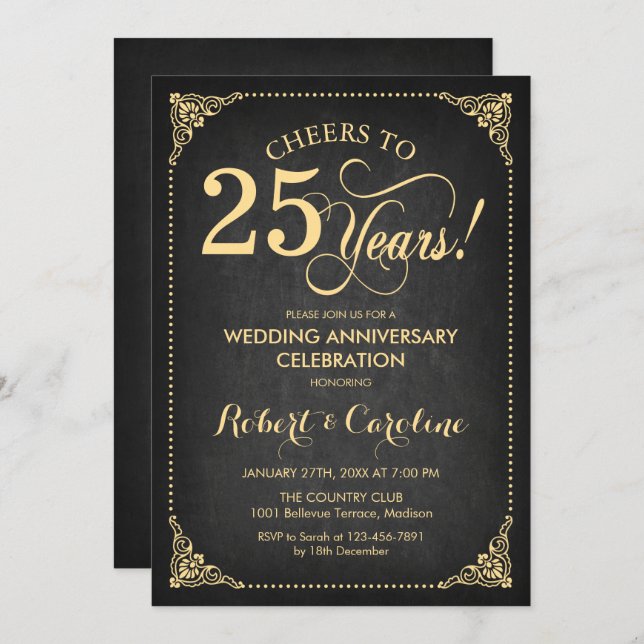 25th Wedding Anniversary - Chalkboard Gold Invitation (Front/Back)