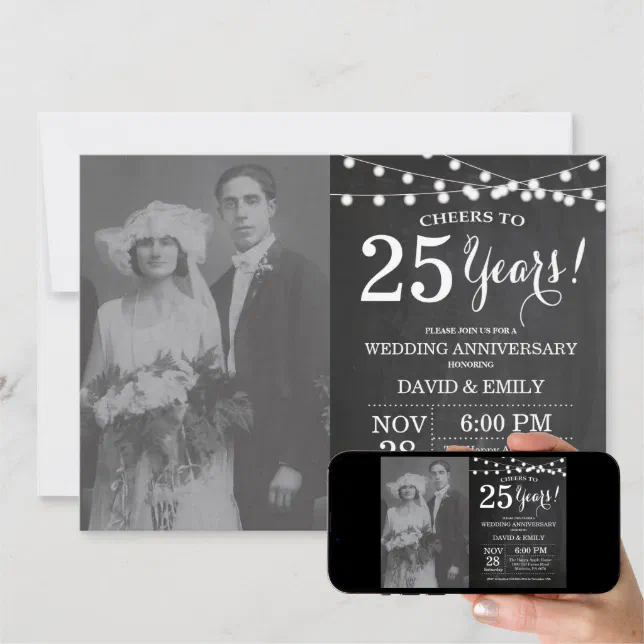 25th Wedding Anniversary Chalkboard Photo Invitation | Zazzle