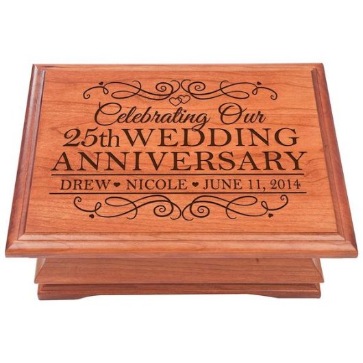 25th Wedding Anniversary Cherry Wood Jewelry Box (Top)
