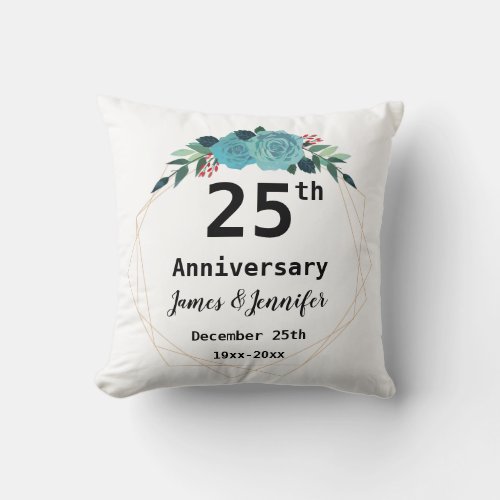 25th Wedding Anniversary Custom Names and Year Throw Pillow