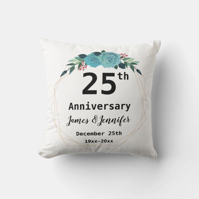 25th Wedding Anniversary Custom Names and Year Throw Pillow (Front)