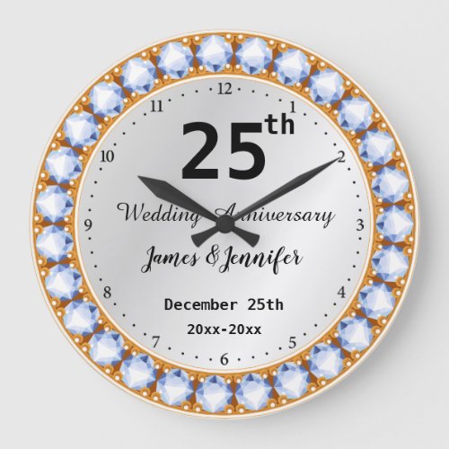 25th Wedding Anniversary diamond Custom Names Large Clock