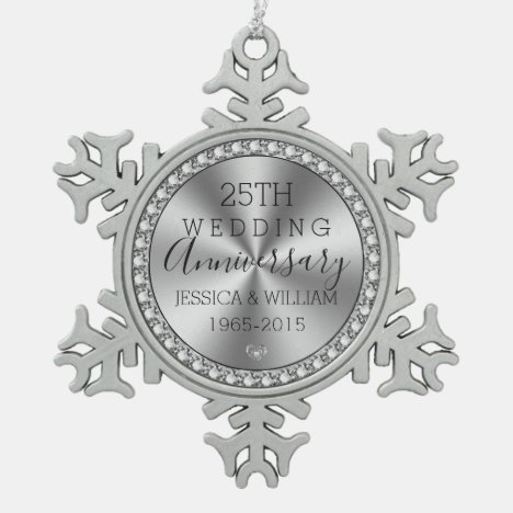 25th wedding anniversary diamonds &amp; silver snowflake pewter christmas ornament