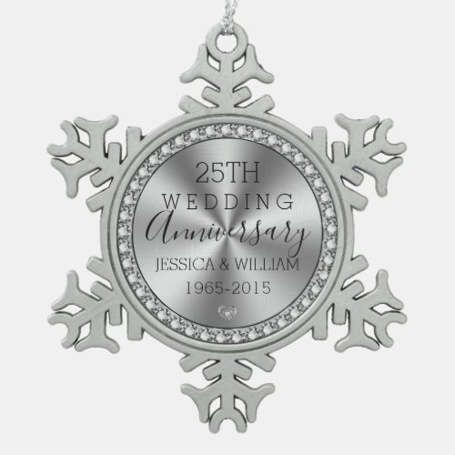 25th wedding anniversary diamonds  silver snowflake pewter christmas ornament