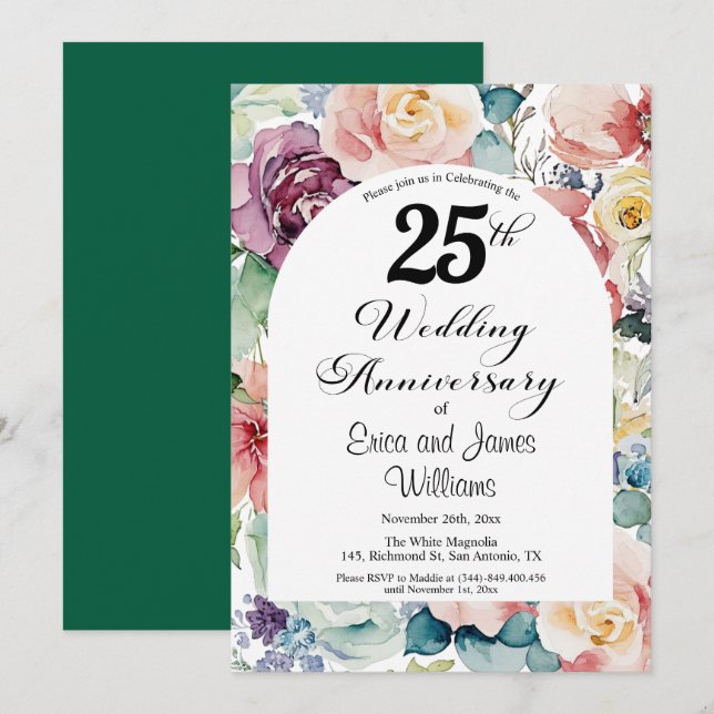 25th Wedding Anniversary Elegant Script Floral Invitation (Front/Back)