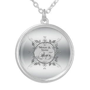 25th Wedding Anniversary Elegant Scrolls Custom Silver Plated Necklace
