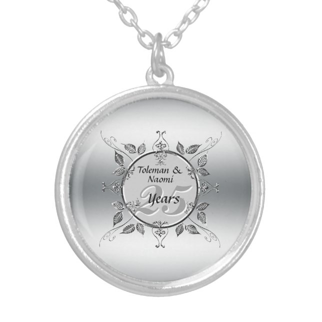 25th Wedding Anniversary Elegant Scrolls Custom Silver Plated Necklace (Front)