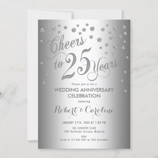 25th Wedding Anniversary - Elegant Silver White Invitation | Zazzle