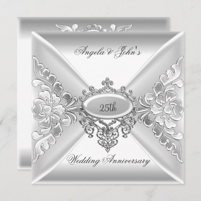 25th Wedding Anniversary Elegant Silver White Invitation (Front/Back)
