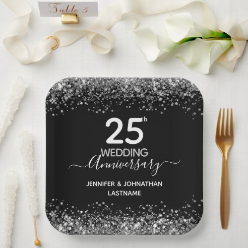 25th Wedding Anniversary Faux Glitter Paper Plates