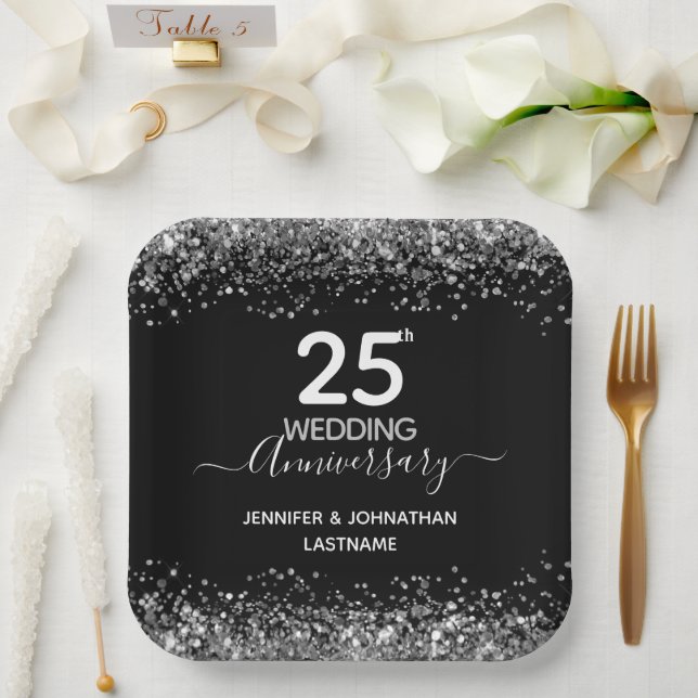 25th Wedding Anniversary Faux Glitter Paper Plates (Wedding)