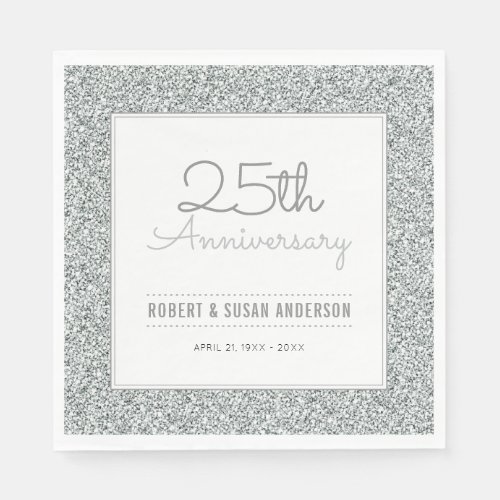 25th Wedding Anniversary Faux Silver Glitter Paper Napkins