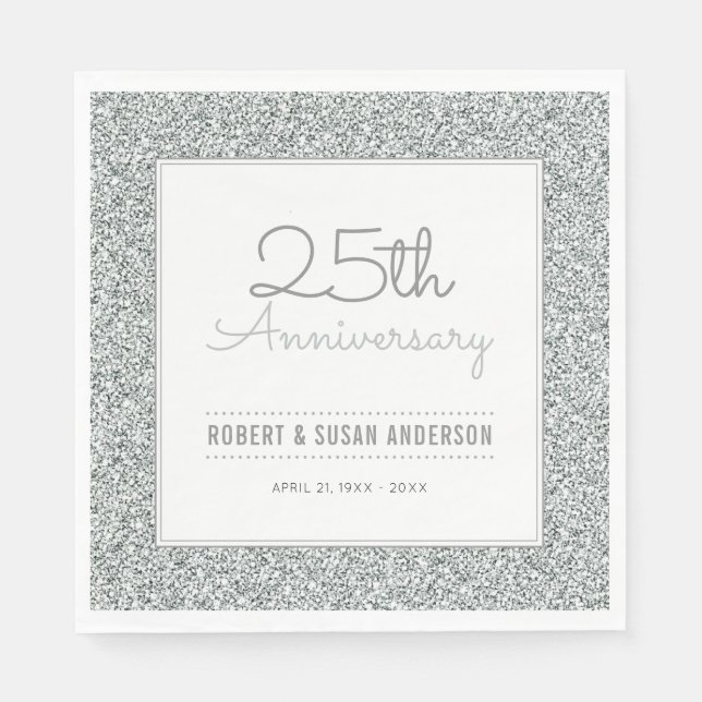 25th Wedding Anniversary Faux Silver Glitter Paper Napkins (Front)