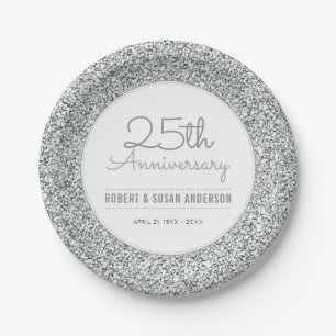 25th Wedding Anniversary Faux Silver Glitter Paper Plates