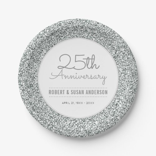 25th Wedding Anniversary Faux Silver Glitter Paper Plates