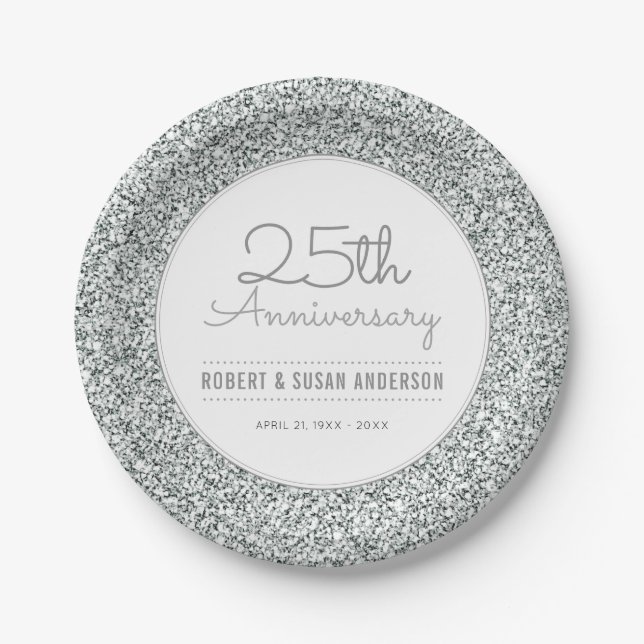 25th Wedding Anniversary Faux Silver Glitter Paper Plates (Front)