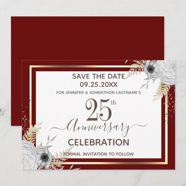 25th Wedding Anniversary Floral Save the Date Invi Invitation (Front/Back)