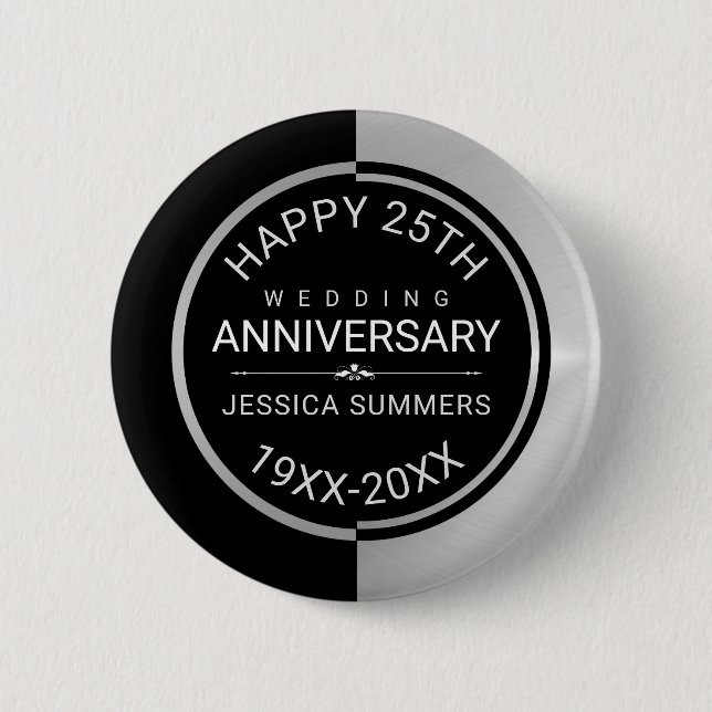 25th Wedding Anniversary Geometric Black & Silver Button (Front)