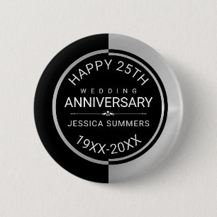 25th Wedding Anniversary Geometric Black & Silver Button